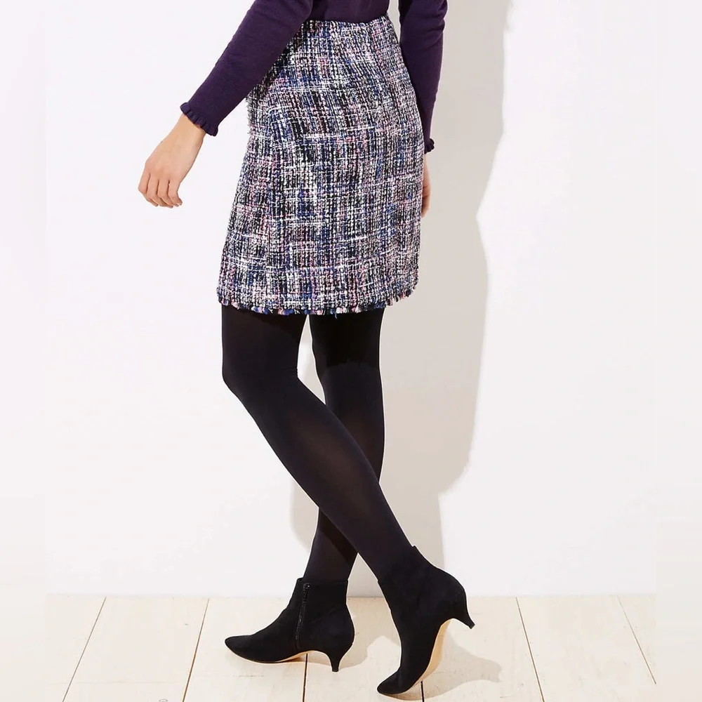 LOFT Tweed Faux-Wrap Tweed Mini‎ Skirt Black White Blue Pink Marled Size 18